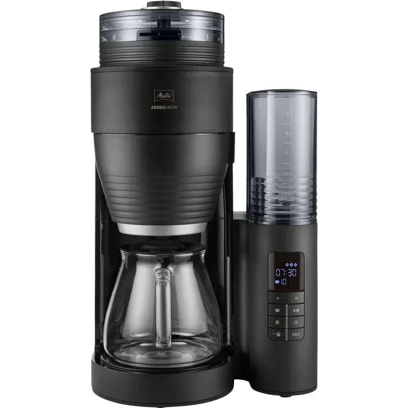 Melitta AromaFresh X Filterkaffeemaschine in Schwarz-Silber mit frischen Kaffeebohnen im Bohnenbehälter