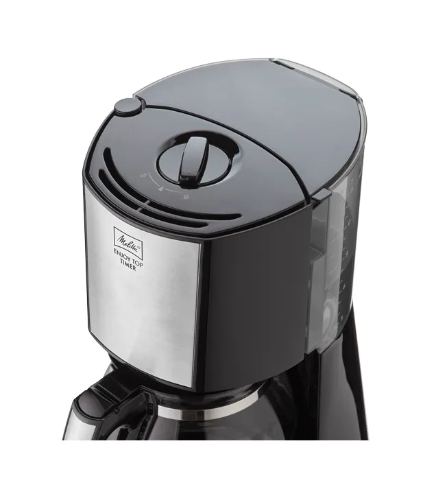 Melitta Enjoy Top Timer mit vollem Kaffeekanne und Tasse