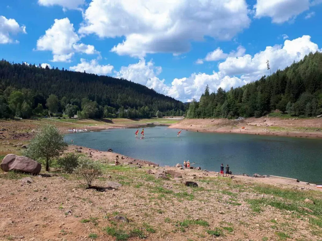Menschen beim Stand-Up-Paddling auf der Nagoldtalsperre, eine beliebte Outdoor-Aktivität im Schwarzwald für Wassersportler