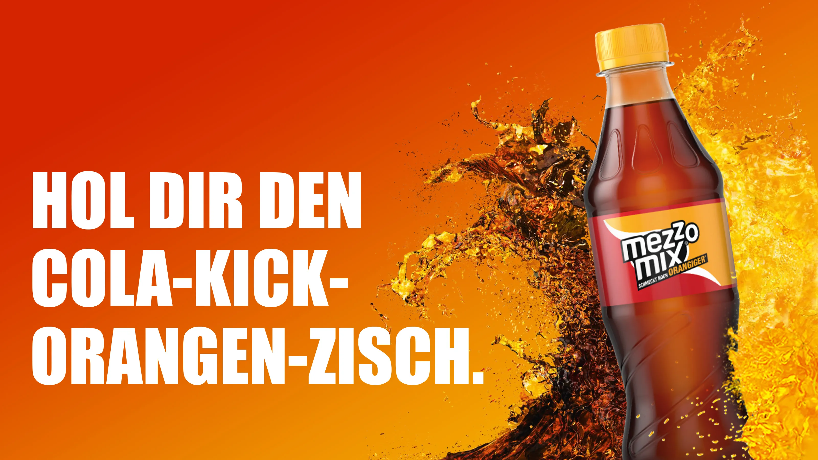 Mezzo Mix Logo und Markenbildschirm, das klassische deutsche Cola-Orange-Getränk symbolisierend.