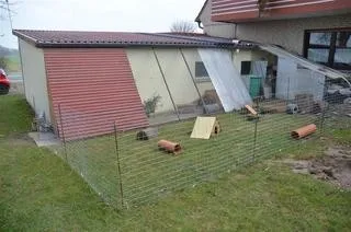 Mobiler Auslaufzaun für Kaninchen, der flexibel im Garten positioniert werden kann