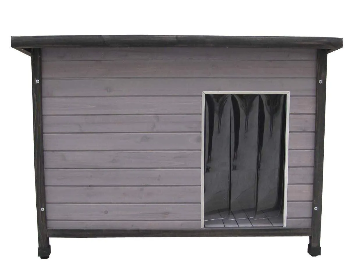 Moderne grau lasierte Hundehütte outdoor mit aufklappbarem Flachdach für den Garten