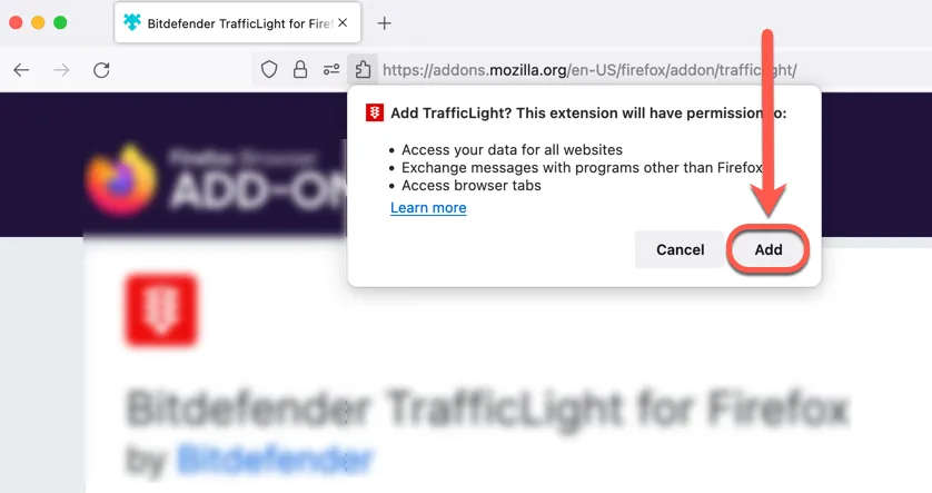 Mozilla Firefox Pop-up zur Bestätigung des Hinzufügens der Bitdefender TrafficLight Erweiterung