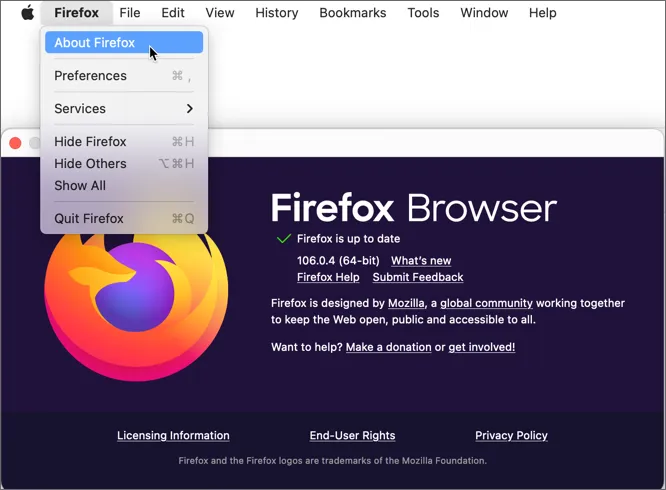 Mozilla Firefox &quot;Über Firefox&quot;-Fenster auf macOS, das den Browser-Update-Status anzeigt