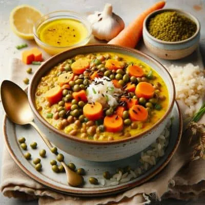 Mungbohnen Dal mit Gaba-Sprossen-Reis in einer rustikalen Schüssel