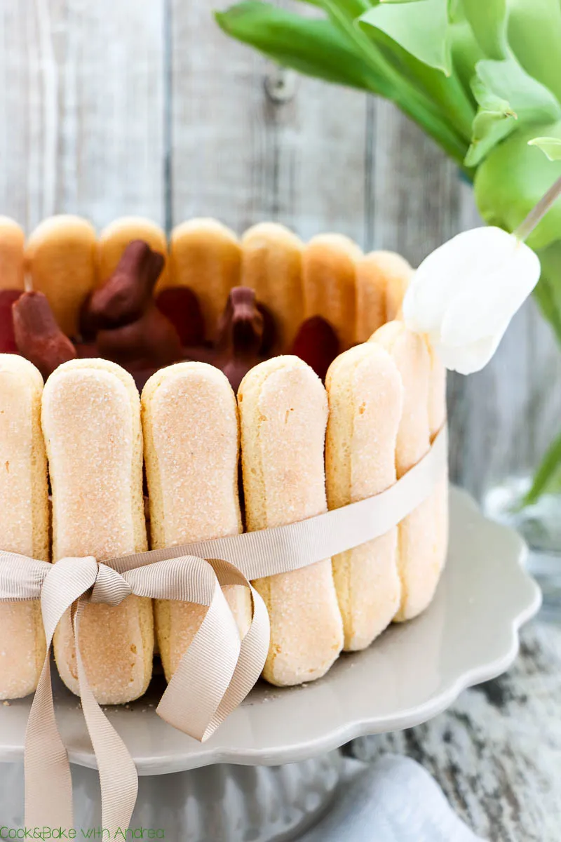 Nahaufnahme der Dekoration einer Oster-Sahne-Torte, mit leuchtend roten Himbeeren und kleinen Schokoeiern.