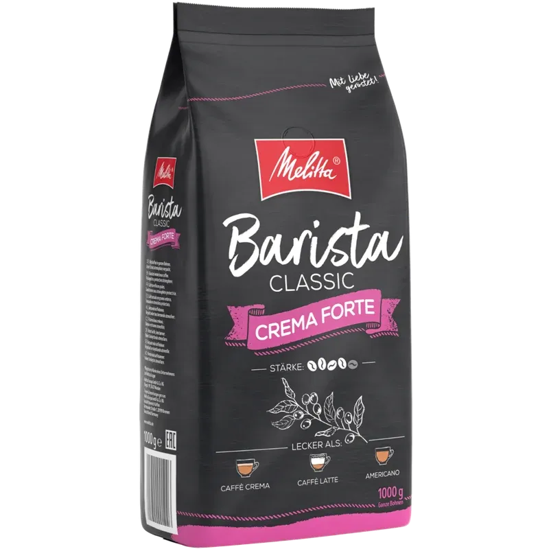 Nahaufnahme der gerösteten Melitta Barista Crema Forte Kaffeebohnen in hochwertiger Verpackung