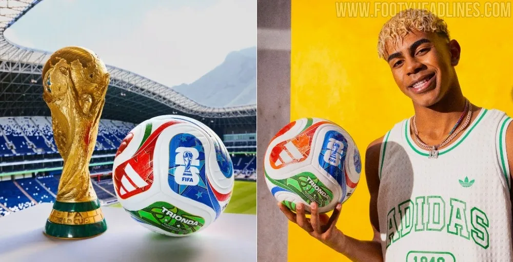 Nahaufnahme des Adidas Trionda WM-Balls 2026, die die detaillierten Muster und die Farbgebung hervorhebt.