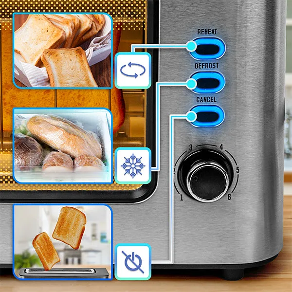 Nahaufnahme des Bedienfelds eines Toasters mit Tasten für Defrost, Reheat und Cancel sowie einem Drehregler für den Bräunungsgrad.