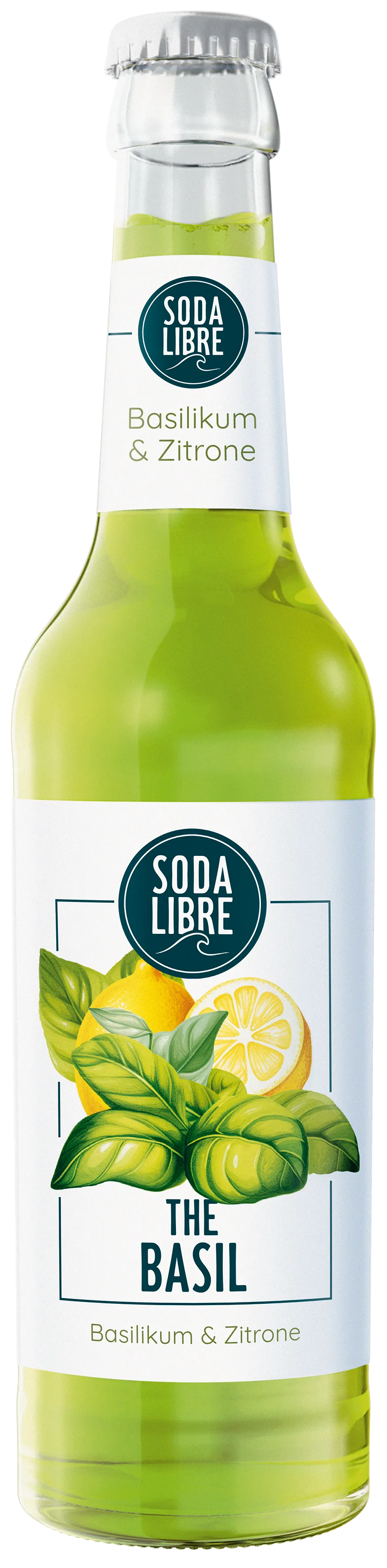 Nahaufnahme des erfrischenden The Basil Getränks von Soda Libre in einer Glasflasche