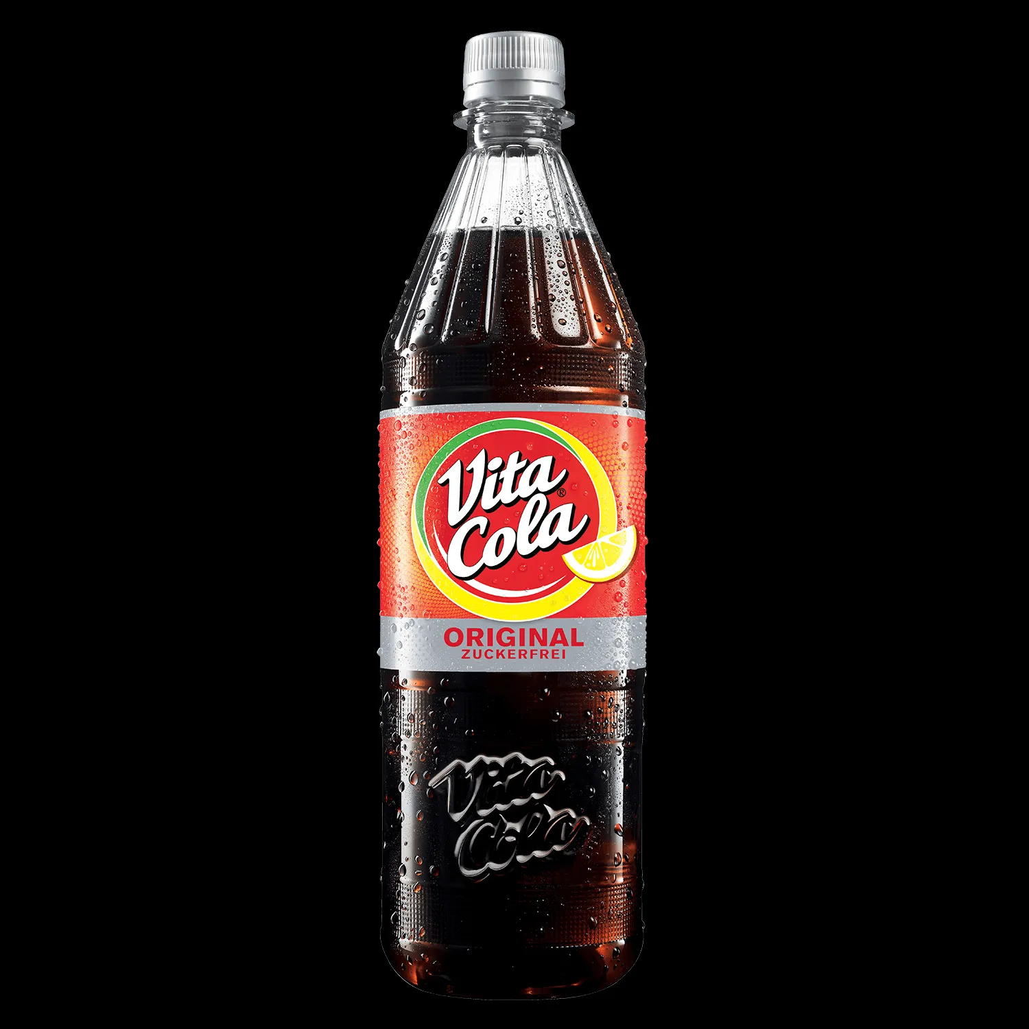 Nahaufnahme einer 1-Liter-Flasche Vita Cola Zuckerfrei, eine kalorienreduzierte Cola-Alternative