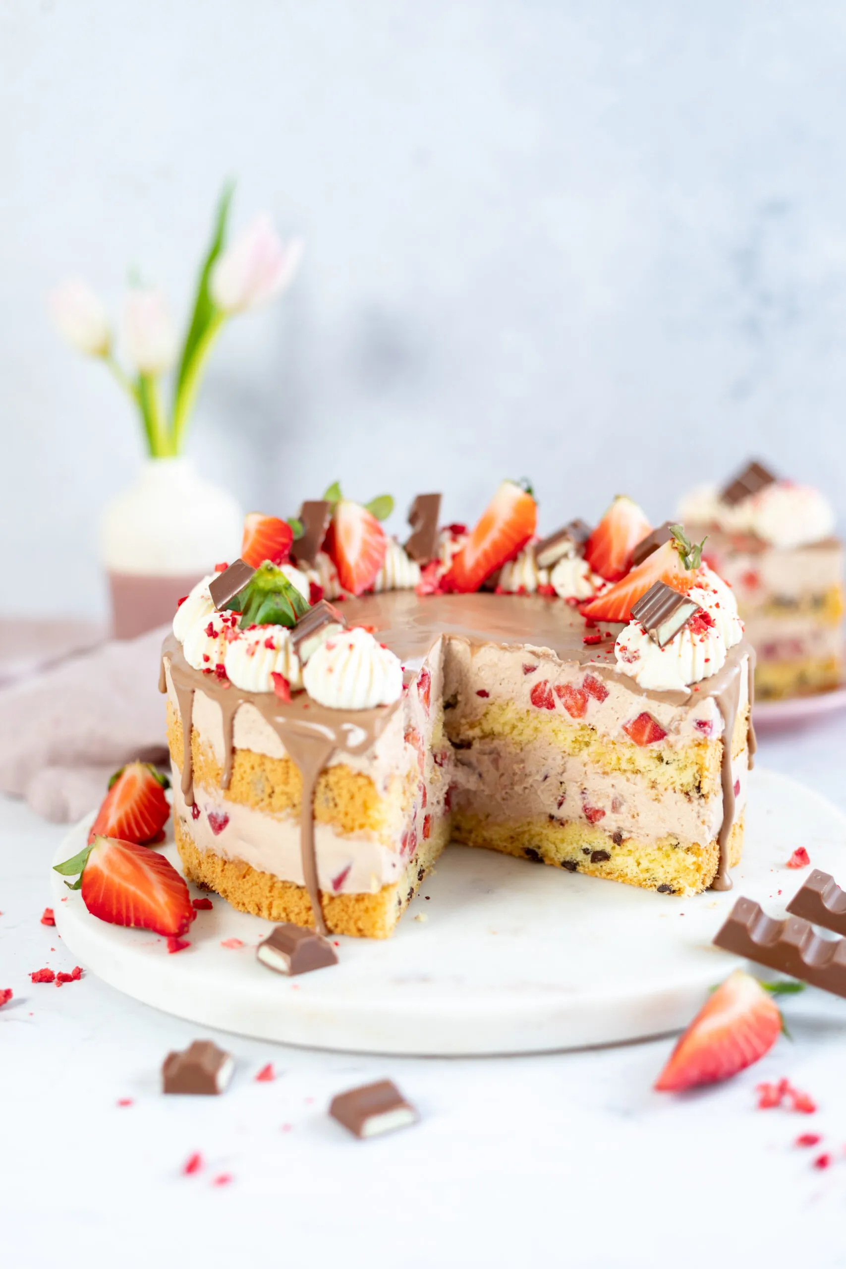 Nahaufnahme einer Kinderriegel Torte mit cremiger Füllung und Schokostückchen