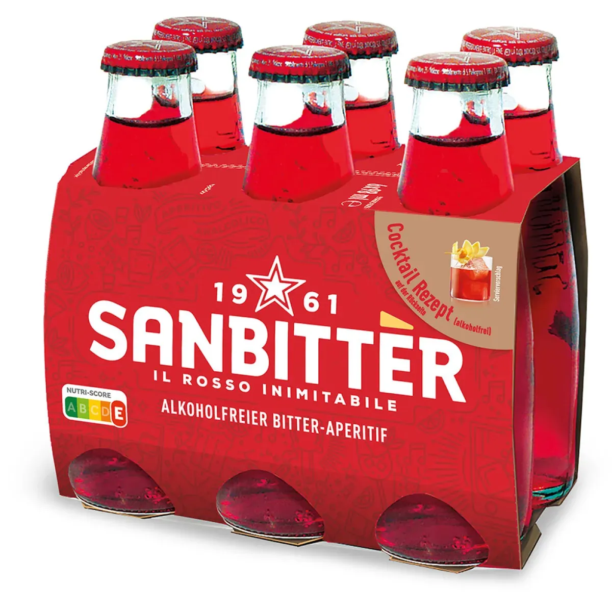 Nahaufnahme einer Sanbitter alkoholfrei Flasche, serviert auf Eis