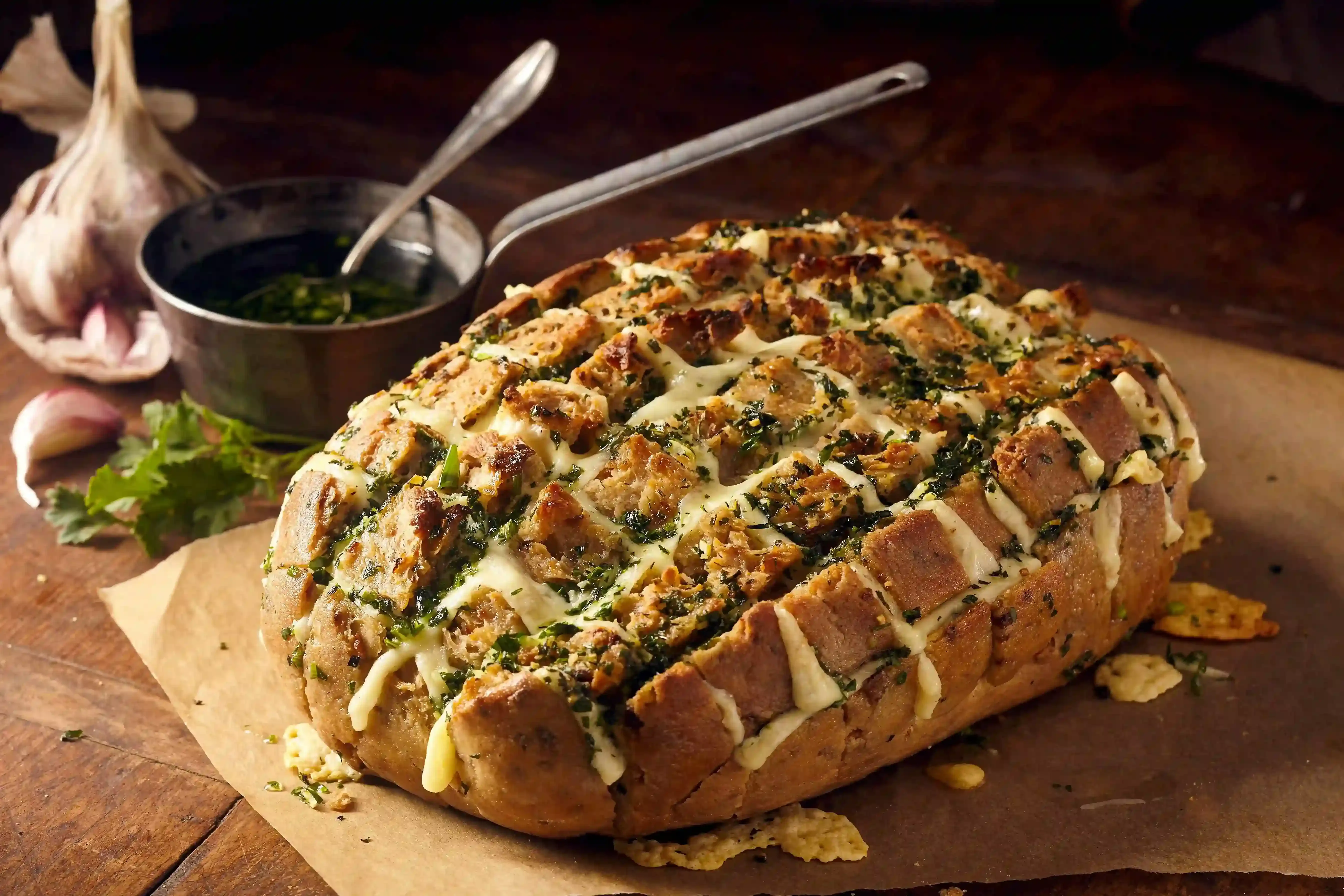 Nahaufnahme eines frisch gebackenen Zupfbrots mit geschmolzenem Käse und frischen Kräutern, das auf einem rustikalen Holzbrett liegt.