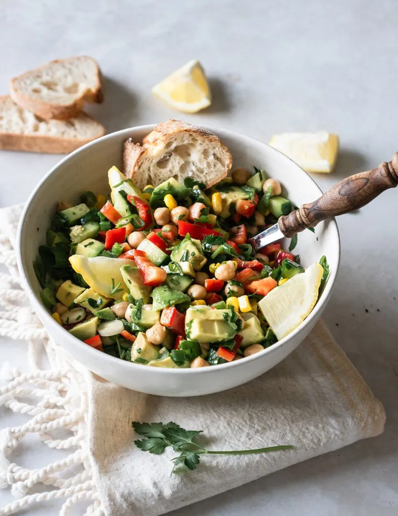 Nahaufnahme eines Löffels voll Kichererbsensalat, frisch und appetitlich