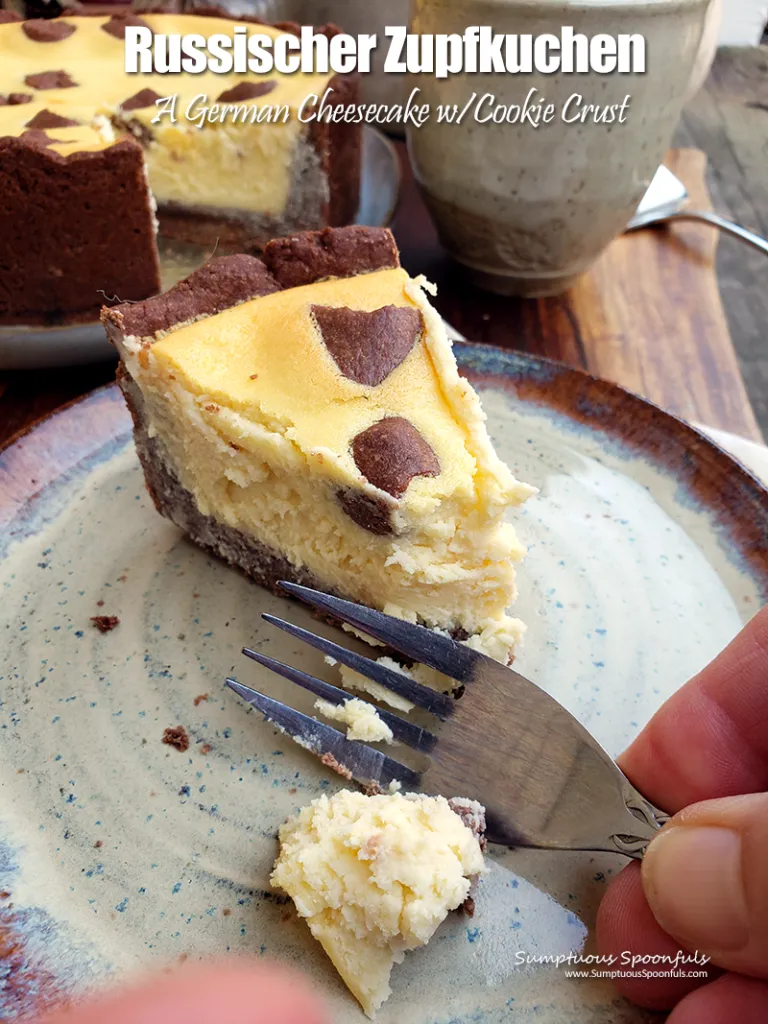 Nahaufnahme eines Stücks Russischer Zupfkuchen mit gezupftem Teig und cremiger Füllung