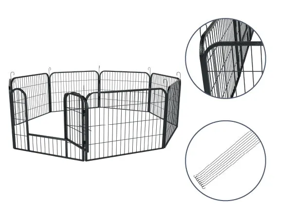 Nahaufnahme von abgerundeten Kanten und Ankerhaken eines Welpengeheges zur Bodenbefestigung