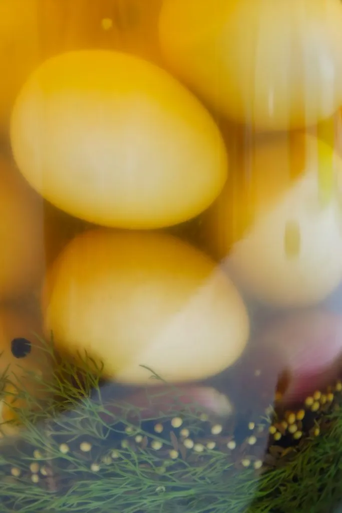 Nahaufnahme von zwei perfekt eingelegten Soleiern mit frischem Dill und Schalotten in einem rustikalen Ambiente.