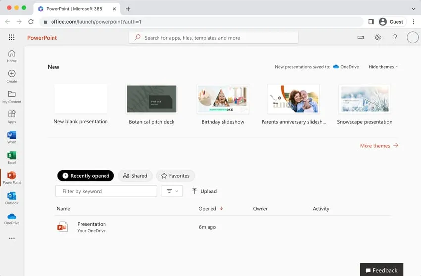 Neue Datei in PowerPoint Online, die der Desktop-Version ähnelt