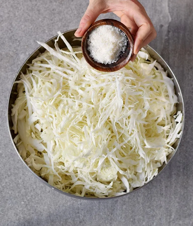 Nicht-jodiertes Meersalz wird zu den fein geschnittenen Weißkohlstreifen in einer großen Schüssel gegeben