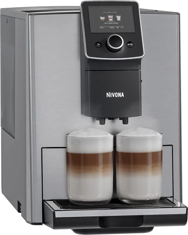 NIVONA CafeRomatica 825 Seitenansicht mit glänzendem Edelstahlgehäuse