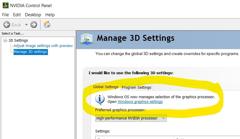 NVIDIA Systemsteuerung zeigt Hinweis zur Windows-Verwaltung der Grafikeinstellungen für Photoshop 2023