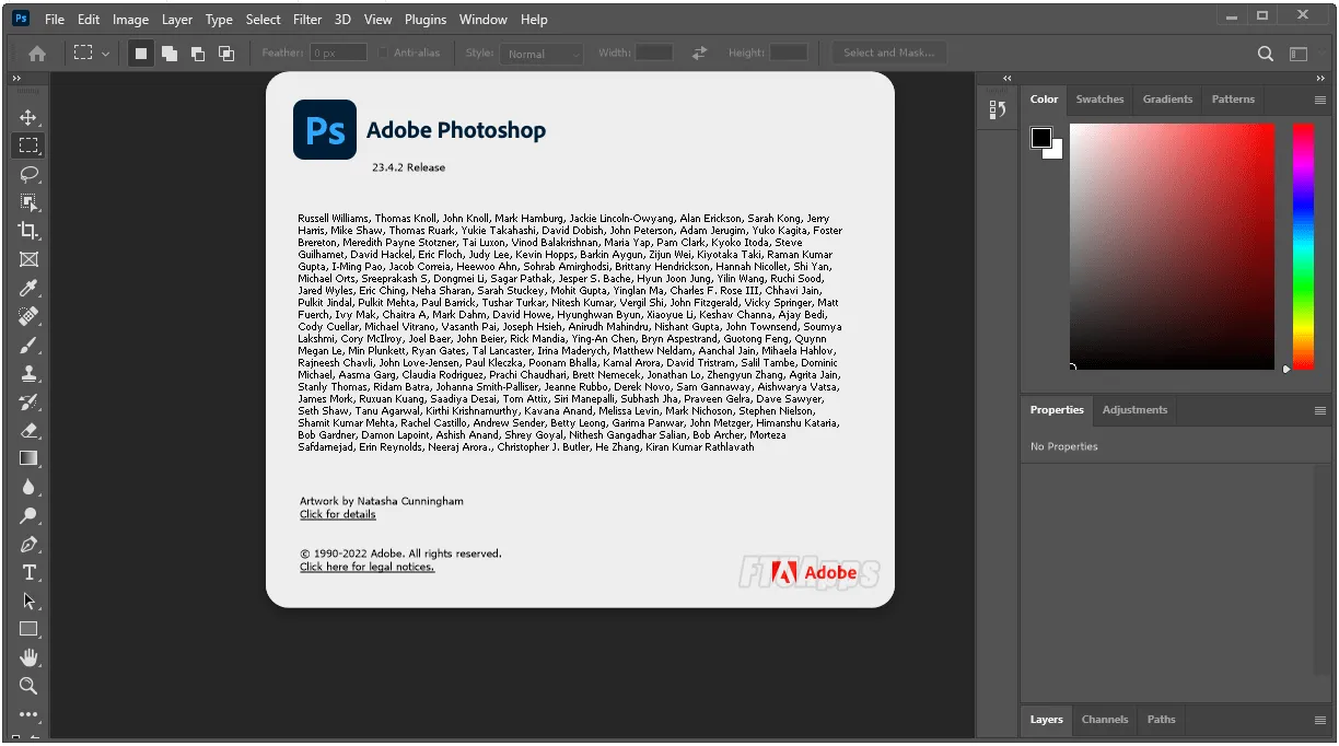 Oberfläche von Adobe Photoshop 2022 v23.4.2.603 x64 mit geöffneten Projekt