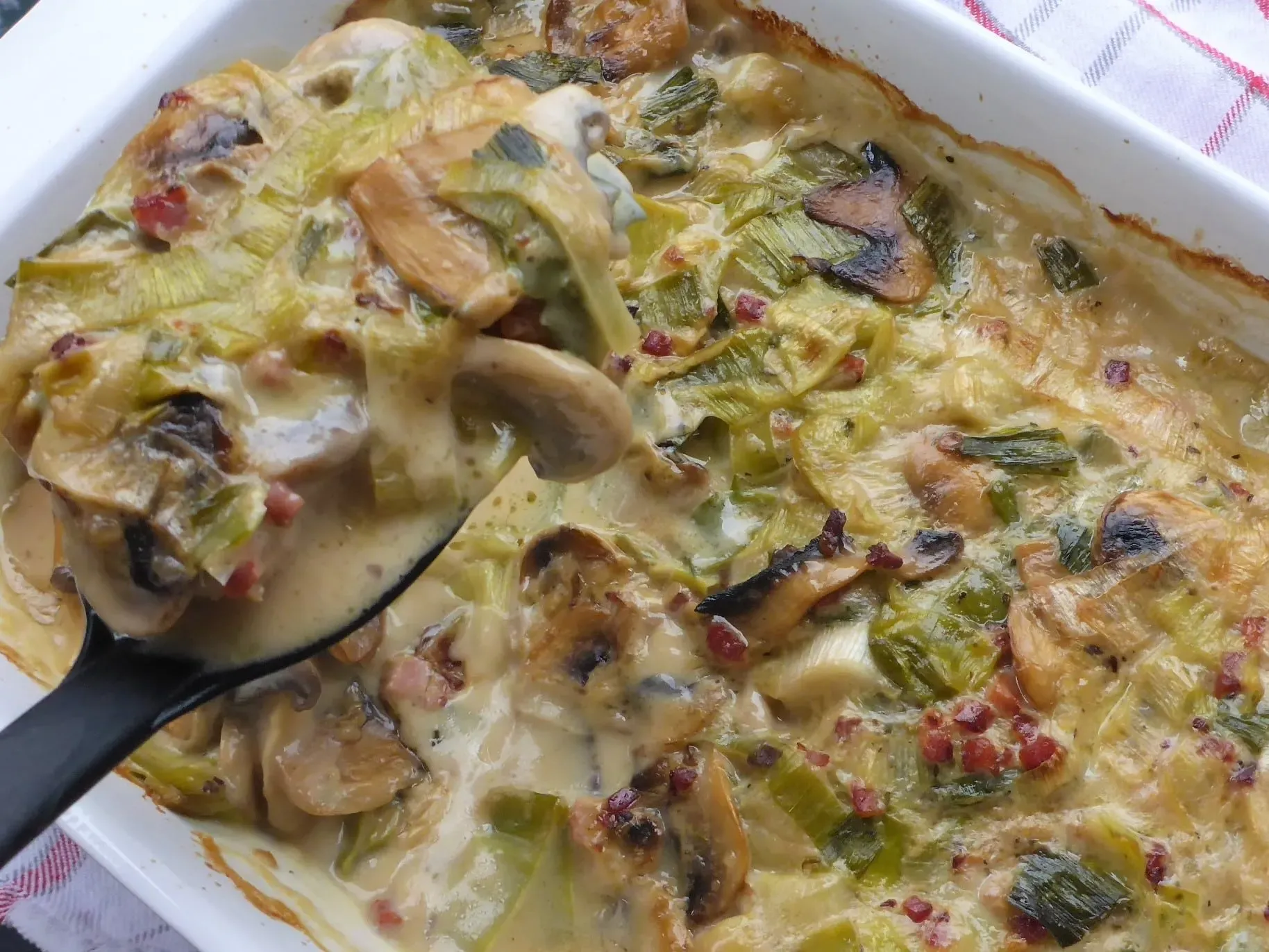 Ofenfrische Schnitzelpfanne: Gebackenes Schweinefilet in Lauch-Champignon-Sahnesauce