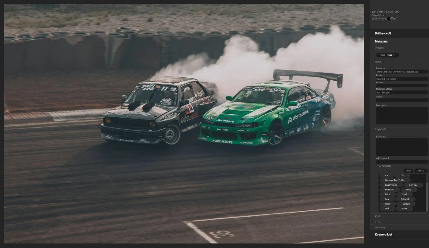 ON1 Photo RAW 2025 image preview with two racecars and AI-generated keywords on the side.