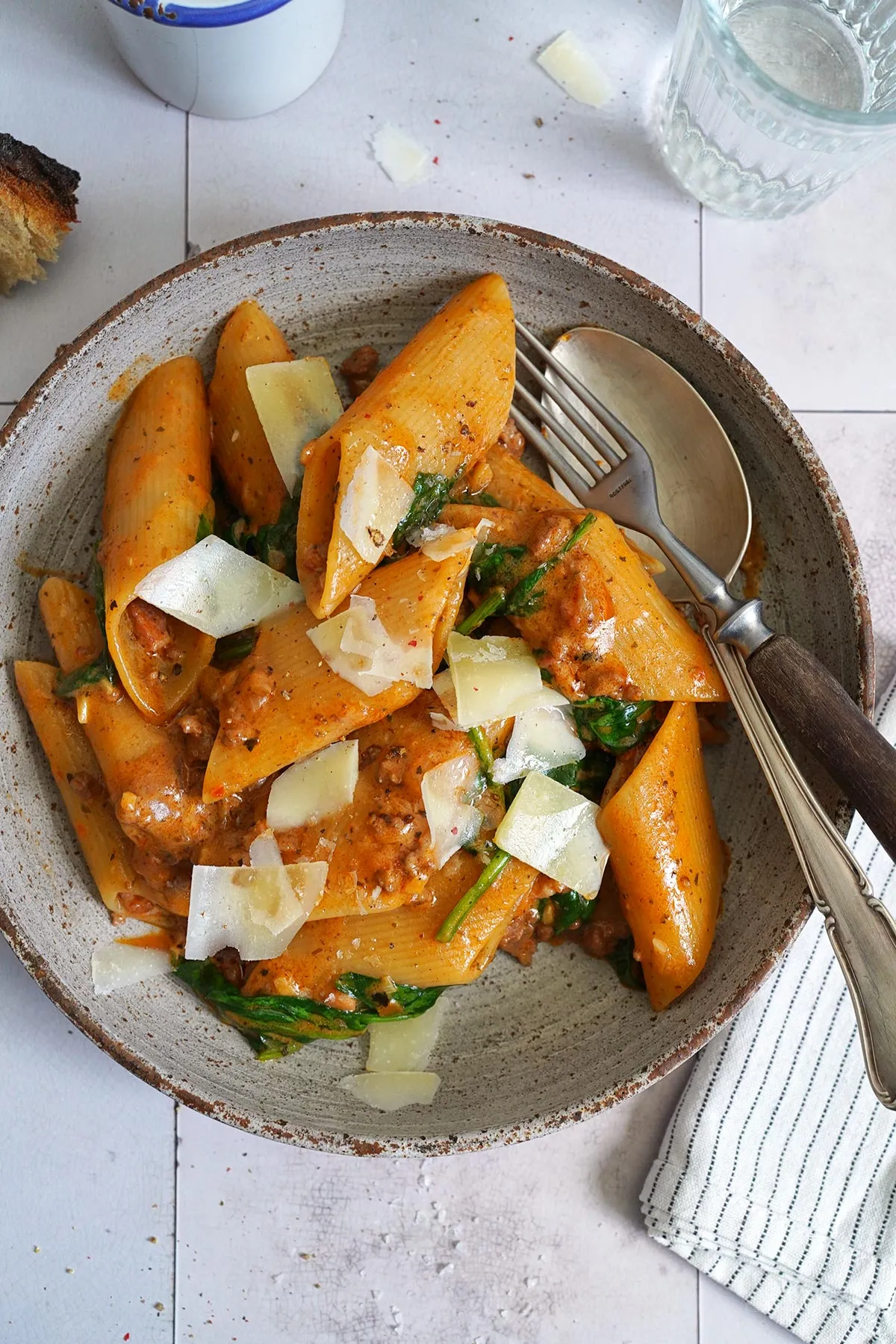 One-Pot Pasta mit Spinat und Hackfleisch in einem großen Topf angerichtet, bereit zum Servieren.