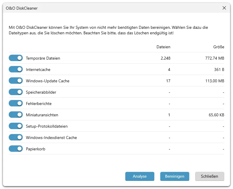 O&amp;O DiskCleaner entfernt temporäre Dateien und gibt Speicherplatz frei