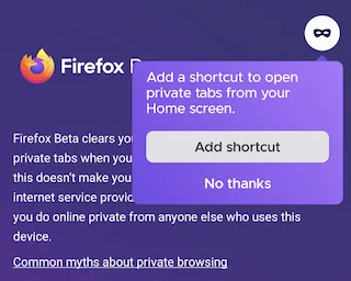 Option zum Hinzufügen einer Verknüpfung für den privaten Modus auf dem Startbildschirm