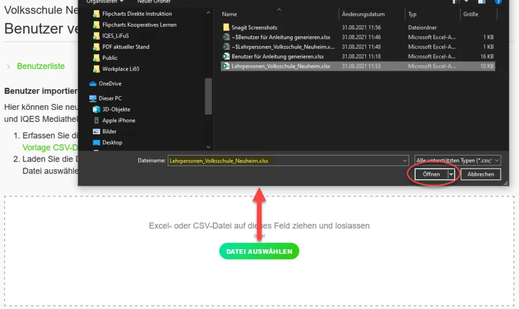 Option zum Hochladen der vorbereiteten Benutzerdatei in der IQES Benutzerverwaltung.