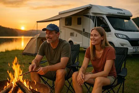 Paar beim Camping mit Wohnmobil und Lagerfeuer im Bayerischen Wald