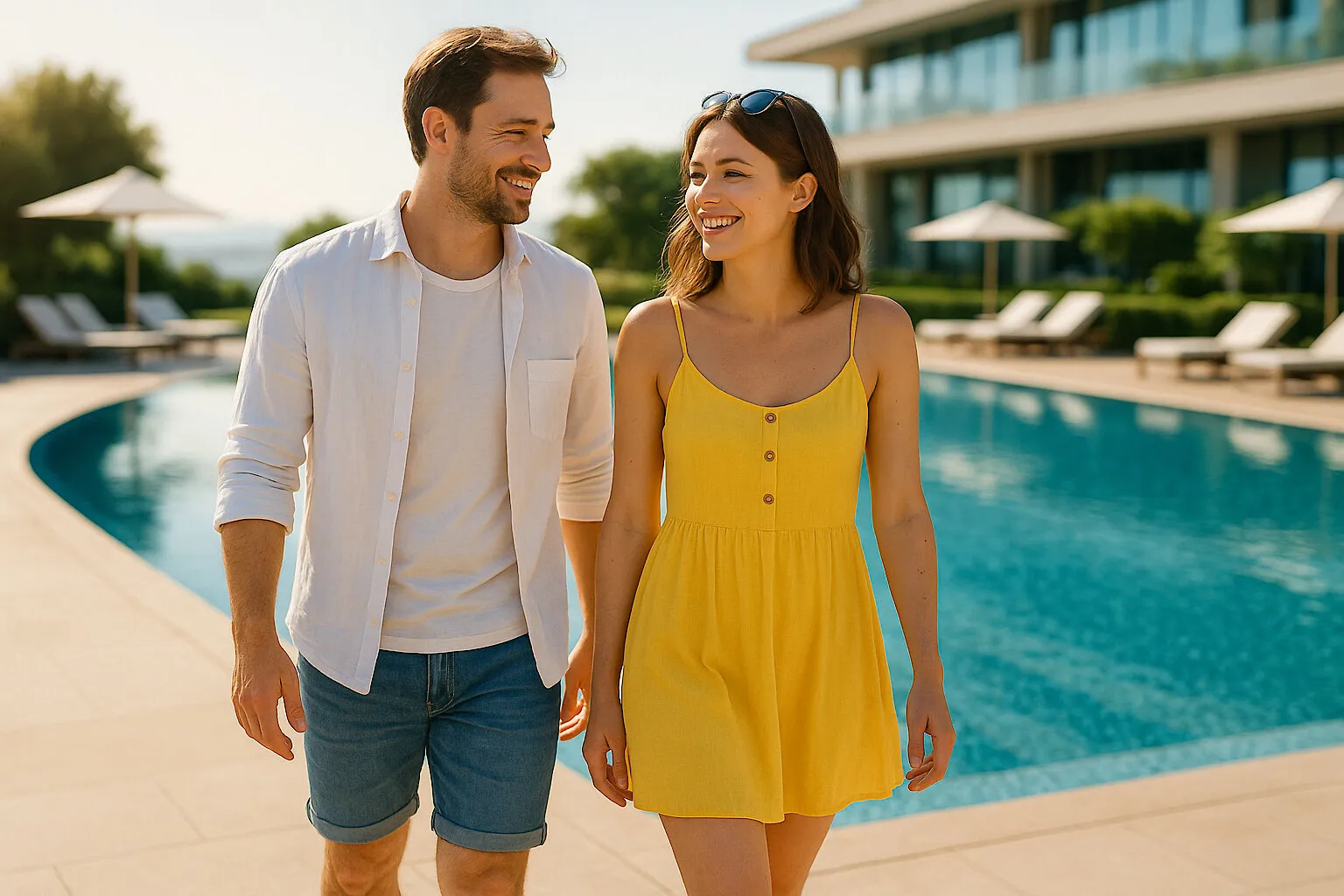 Paar entspannt am Außenpool eines luxuriösen Hotels im Bayerischen Wald