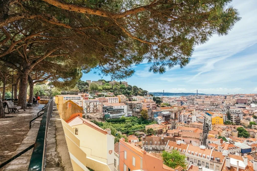 Panoramablick vom Miradouro da Graça in Lissabon auf die historische Stadt und den Tejo-Fluss