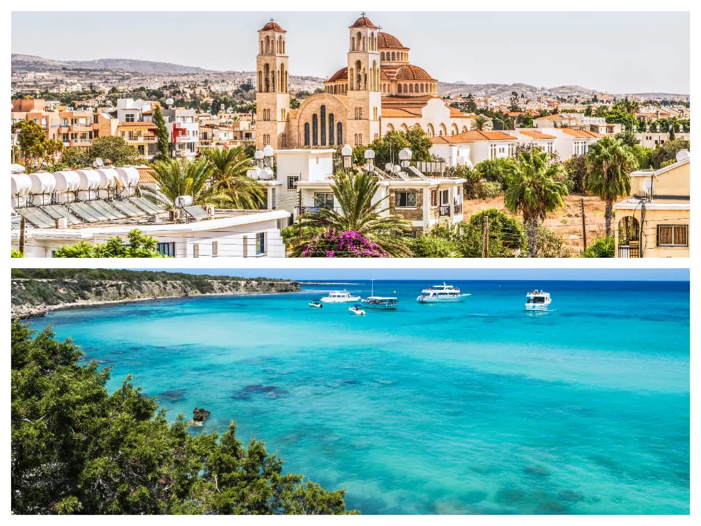 Paphos (oben), Blaue Lagune bei Paphos (unten)