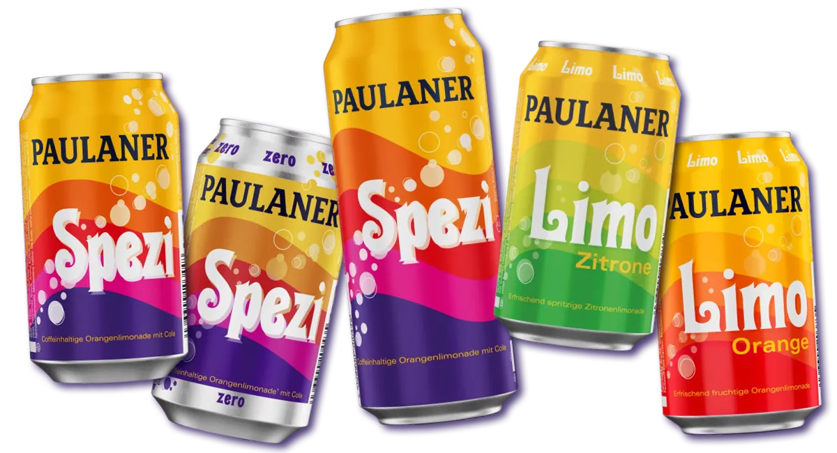 Paulaner Spezi Dosen in einer Werbegrafik