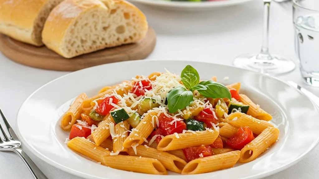 Penne alla Ortolana mit frischem, buntem Gemüse und frischem Basilikum.