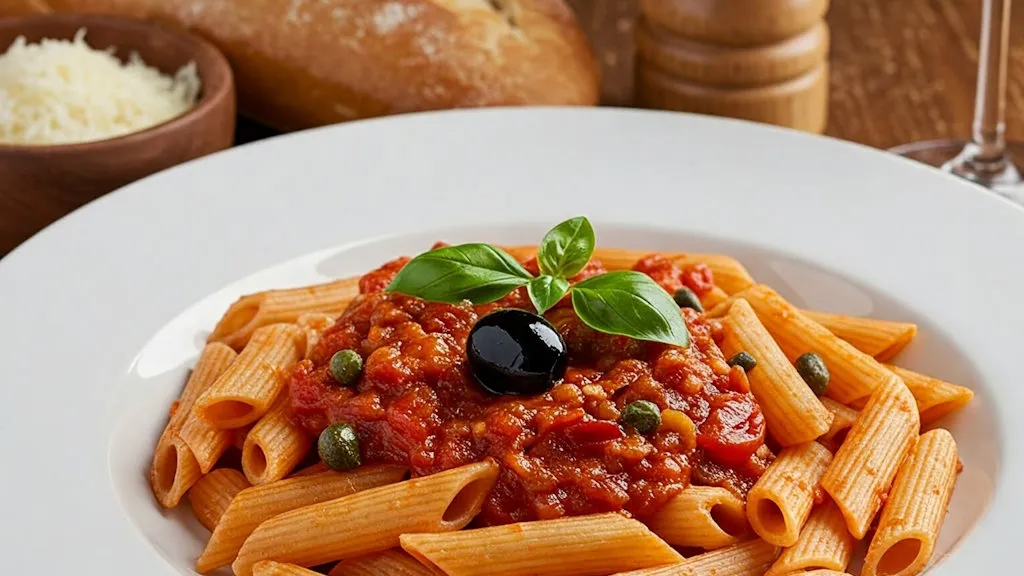 Penne alla Puttanesca, garniert mit frischem Basilikum und dunklen Oliven.