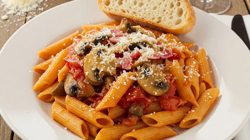 Pennette alla Boscaiola mit cremiger Pilzsoße und Parmesankäse, garniert.