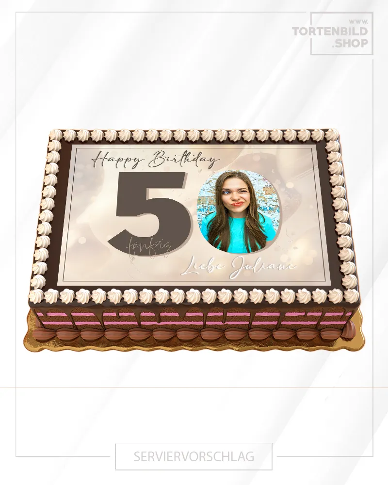 Personalisierter Fotoaufleger für den 50. Geburtstag mit festlichem Motiv für eine Eckige Torte.
