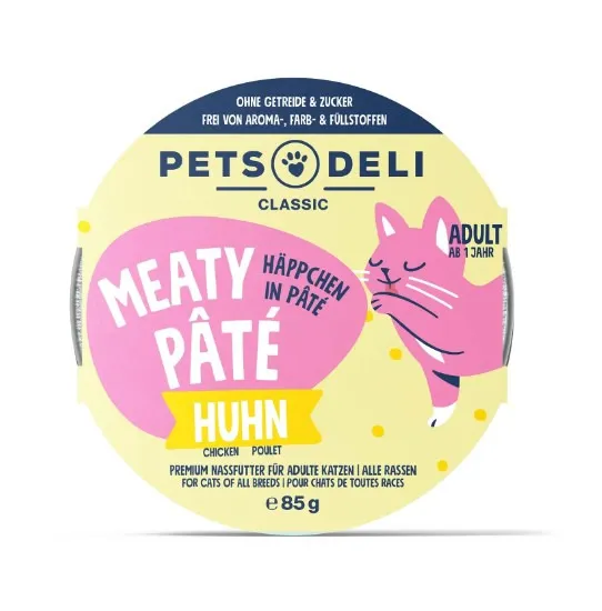 Pets Deli Classic Meaty Pâté Huhn, Katzen ab 1 J., Huhn, 85 g, getreide-, zucker-, aroma-, farb- & füllstofffrei, für alle Rassen.