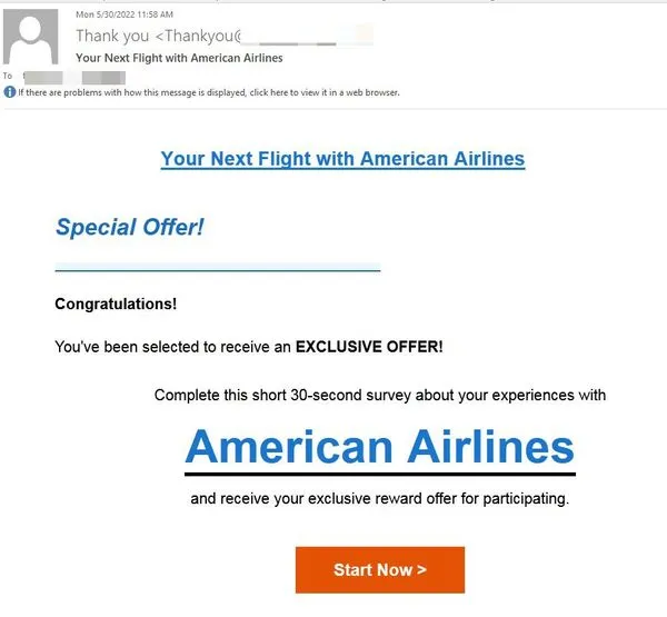 Phishing-Betrug, der Markennamen wie American Airlines für gefälschte Gewinnspiele nutzt.