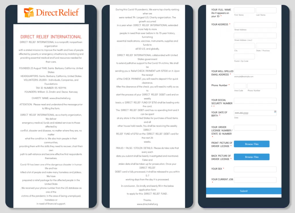 Phishing-Seite, die sich als &quot;Direct Relief&quot; ausgibt und finanzielle Hilfen für COVID-19-Betroffene verspricht, um sensible persönliche Daten wie Sozialversicherungsnummern und Führerschein-Scans abzugreifen.