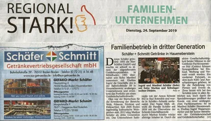 Porträt des Familienunternehmens Schäfer + Schmitt im Badischen Tagblatt, das die dritte Generation und ihre Expertise in deutschen Getränken hervorhebt.