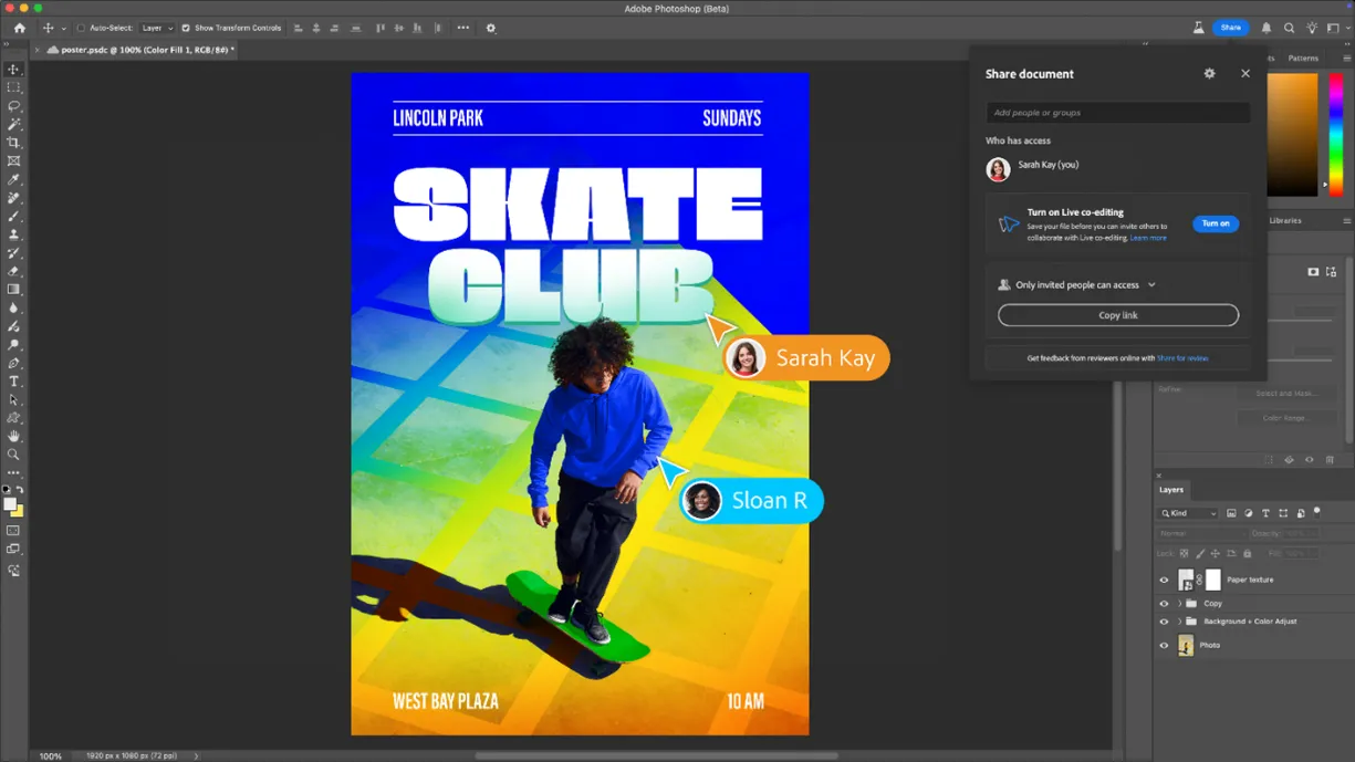 Poster für einen Skate Club, gemeinsam erstellt mit der Live Co-Editing Funktion des Bildbearbeitungsprogramms Adobe Photoshop im Web.