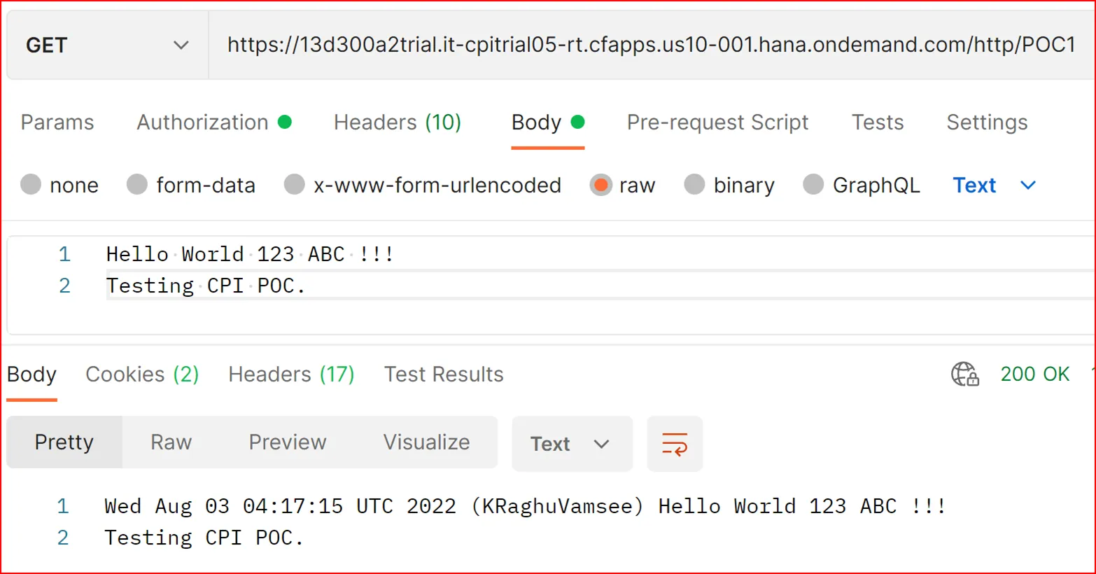 Postman-Anfrage an einen SAP Cloud Integration Endpunkt, der bestätigt, dass ein Tweet erfolgreich über SAP CI veröffentlicht wurde