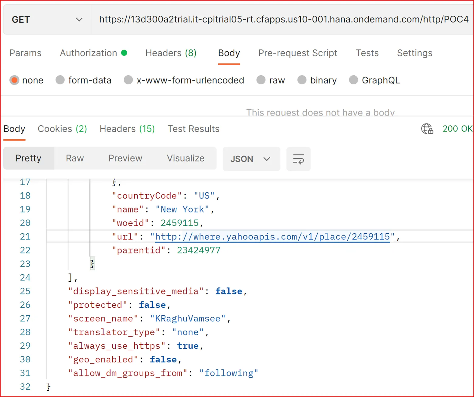 Postman-Anfrage zur Bestätigung der erfolgreichen Tweet-Veröffentlichung über SAP Cloud Integration und Open Connectors