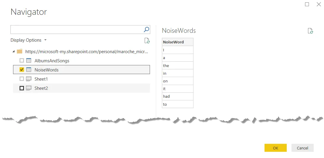 Power BI Navigator zur Auswahl von Tabellen